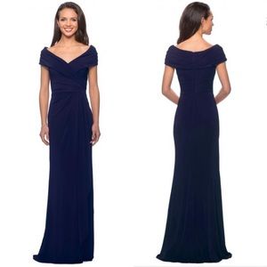 La Femme Ruched Jersey Long Gown Maxi Dress 26519 in Navy Blue Size 16 NWT